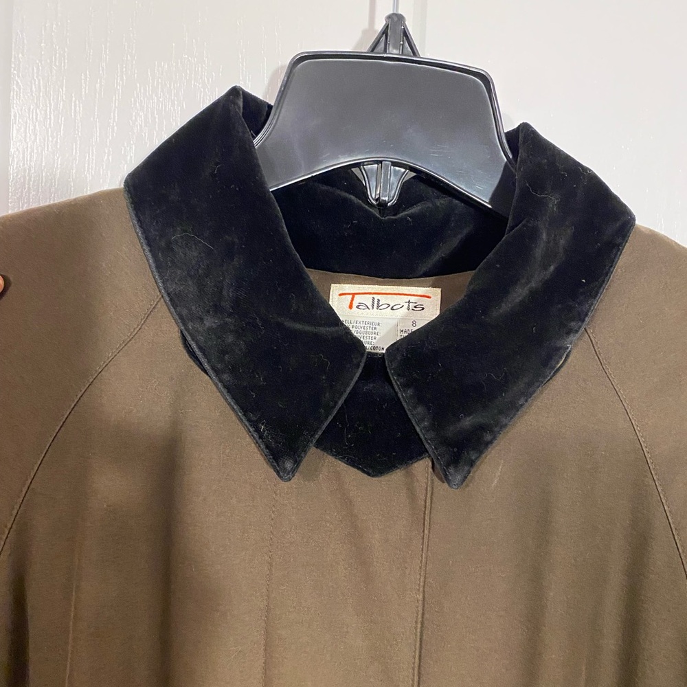 90s Talbots Velvet Collar Long Trench Coat Vintage Olive Brown Size 8 - Picture 3 of 15